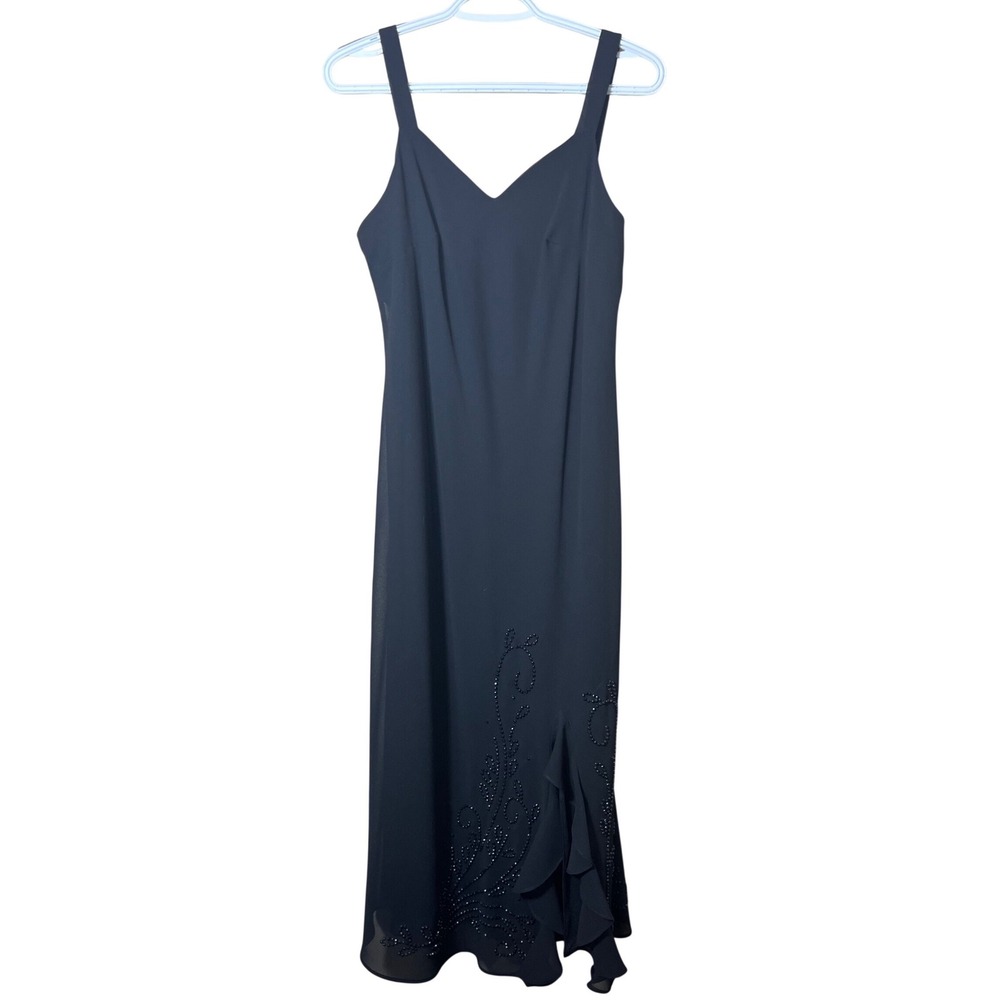 R&M Richards Vintage 90s Black Beaded Ruffle Midi Maxi Dress 6P V-Neck‎ Evening - Picture 2 of 11